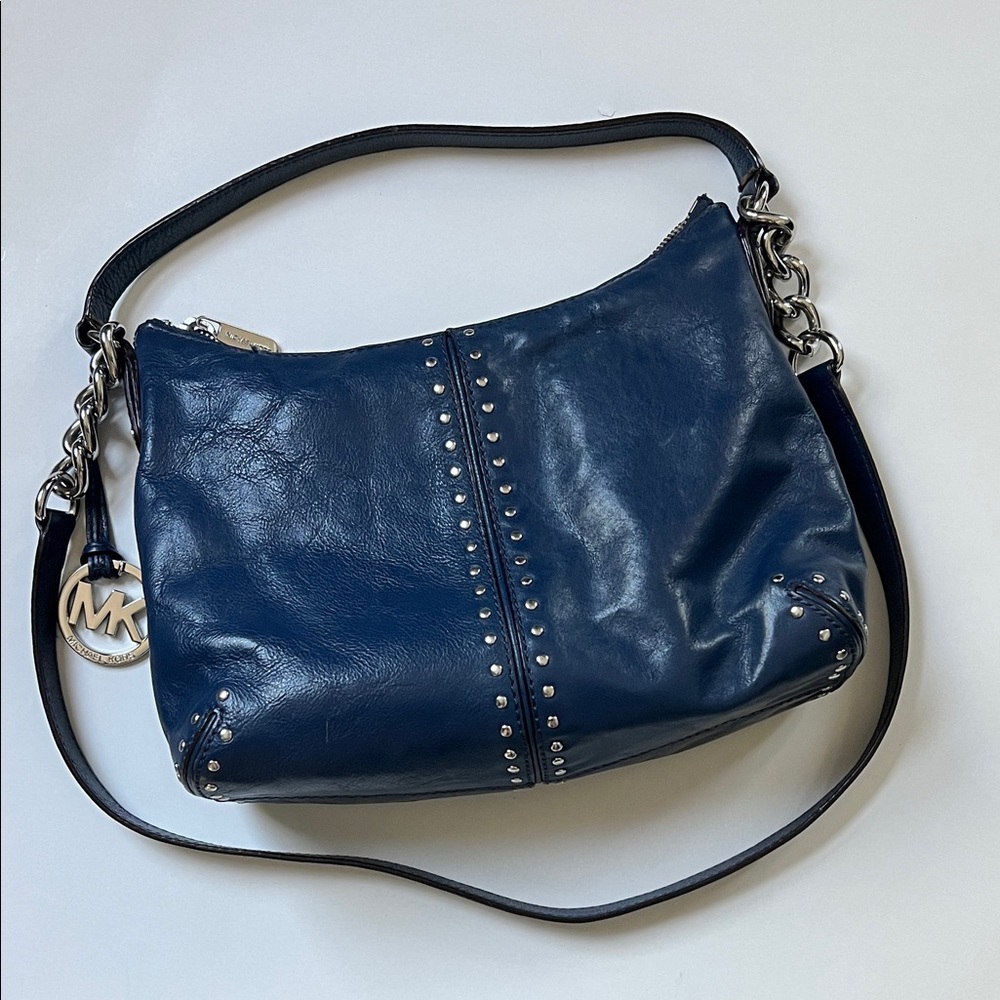 Michael Kors Navy Shoulder Bag with Silver Accents
